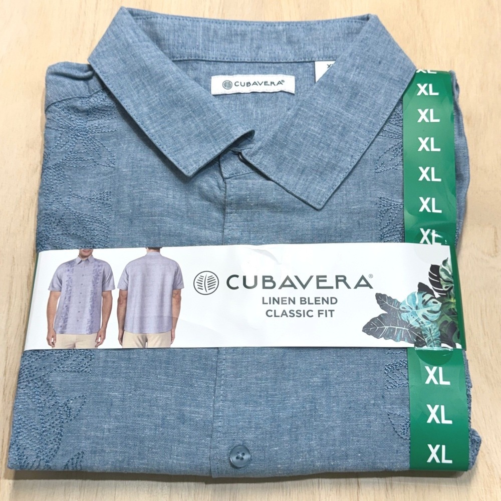 Cubavera Mens XL Blue Linen Blend Embroidered Short Sleeve Guayabera Shirt NEW